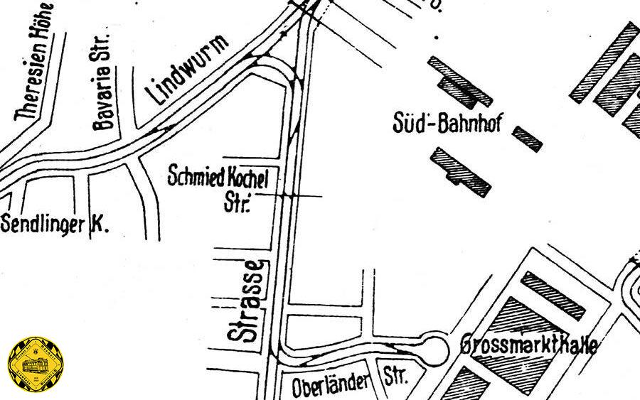 Der Gleisplan aus dieser Zeit zeigt neben der Strecke durch die Lindwurmstraße auch die Strecke durch die Implerstraße zum Tierpark, die ab dem 1.August 1912 das Industriegleis kreuzte und die Schleife an der Großmarkthalle, die ab 1913 in Betrieb war.